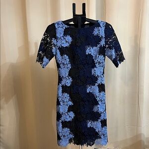 Tahari Elegant Lace Floral Dress - Black and Blue